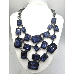 Statement Layered Necklace With Large Blue Crystal Stones & Gunmetal Chain